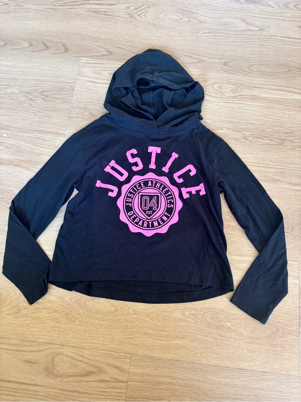 Justice Black Crewneck Hoodie with Bright Pink Logo